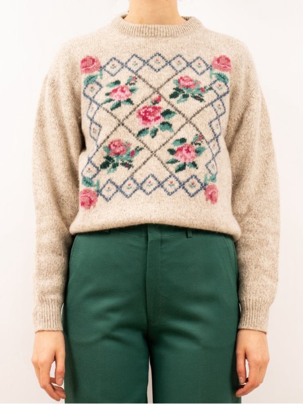 Vintage Eddie Bauer Rose Garden Floral Lattice Wool Blend Crewneck Sweater